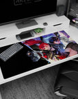 Desk pad 40x20 inches featuring Joker and Kasumi from Persona 5 Royal, mid-heist scene with neon glow and city lights.