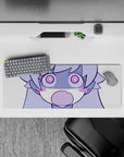 Lilac and candy purple anime girl desk mat with bold linework, cozy goofy vibe, 32x12 inches.