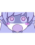 Chaotic chibi anime girl desk pad with spiral eyes, puffy cheeks, bold linework, 40x20 inches.