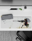 32x12 inches anime desk mat in airy whites and sandy tones with bold red drama, calm dangerous vibe.