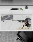 32x16 inches anime desk mouse pad in soft whites and sandy tones, bold red accents, calm lethal vibe.