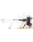 Anime girl desk pad 36x16 inches with long-haired sniper in black uniform, dynamic smoke and sand splashes.