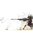 Anime girl desk pad 40x20 inches with long-haired sniper in black uniform, dynamic action illustration.