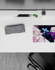 Neon-blue sigil glow on a 14x10 inches anime girl mouse pad in pink frills and deep violet sleeves.