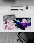 28x12 inches anime girl mouse pad in soft pink and deep violet, dreamy friendship vibe on a galaxy backdrop.