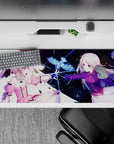 36x16 inches anime desk pad in pink, violet, and neon blue, dreamy friendship vs fate mood on space backdrop.