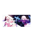 Anime girl mouse pad 28x12 inches with two heroines reaching across a cosmic starfield and neon bird sigil.