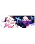 32x12 inches anime girl mouse pad with two heroines reaching across a cosmic, starry void and neon bird sigil.