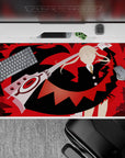 Red-and-black anime desk pad 40x20 inches, high-contrast shards and rebellious poster-style mood for gaming.