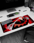 36x16 inches anime desk pad showing blond fighter in dark suit and gold tie swinging a giant scissor blade.