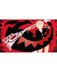 Anime desk pad 40x20 inches with red storm backdrop, black silhouette, and dynamic scissor-blade action art.