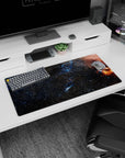 Space window scene mouse pad 32x16 inches featuring a blooming orange nebula beside a star-filled night sky.