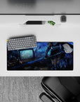 Moody blue-gray anime girl mouse pad 28x12 inches with neon glints and dusk cyber-fantasy vibe.