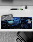 Anime girl mouse pad 32x12 inches in cool blues and steel grays with neon glints, moody dusk vibe.