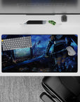 32x16 inches anime girl desk pad in cool blues and steel grays with neon cyber-fantasy dusk vibe.