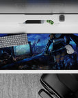 Moody neon-blue desk pad 36x16 inches in steel gray tones, dreamy cyber-fantasy dusk vibe for gaming.
