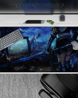 Moody neon-blue and steel-gray anime girl desk pad 40x20 inches, dreamy cyber-fantasy dusk.