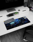 Anime warrior girl dragging sword past broken screens on a 28x12 inches mouse pad in junkyard dusk.