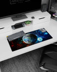 Glossy planet centerpiece floating in a swirling galaxy scene on a 28x12 inches extended mouse pad.