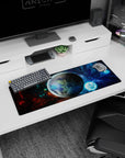 Planet-centered space scene mouse pad 32x12 inches with glossy world, swirling nebula, and stars.