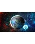 Space nebula desk pad 40x20 inches with star-speckled gradients, light rings, and a central planet.