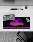 28x12 inches mouse pad with synthwave retrowave design, blending neon sunset, gridlines, and bold pink and purple hues for a futuristic vibe.