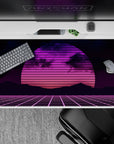 40x20 inches desk pad with synthwave design, showcasing a neon sunset and gridlines for an electric retro-futuristic vibe in pink and purple hues.