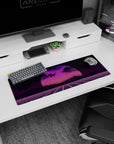 Artistic 32x12 inches mouse pad featuring synthwave retrowave design, blending neon sunset and gridlines for an electric, retro-futuristic aesthetic.