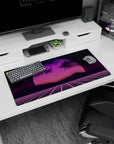 Modern 32x16 inches mouse pad featuring synthwave retrowave design, blending neon sunset, gridlines, and pink and purple hues for electric energy.