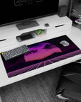 Artistic 36x16 inches desk pad featuring synthwave retrowave design, with glowing neon sunset, gridlines, and bold pink and purple for an electric vibe.