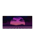 Mouse pad featuring synthwave retrowave design, 28x12 inches, with a glowing neon sunset and bold pink and purple hues for retro energy.