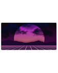 Mouse pad featuring synthwave-inspired retrowave design, 32x16 inches, with neon sunset, gridlines, and bold pink and purple hues for retro energy.