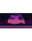 Desk pad featuring synthwave-inspired retrowave design, 36x16 inches, with a glowing neon sunset, gridlines, and electric pink and purple hues.