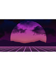 Desk pad featuring synthwave-inspired retrowave design, 40x20 inches, with a glowing neon sunset, gridlines, and bold pink and purple hues.