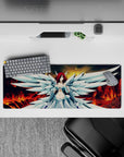 32x12 inches anime girl mouse pad in molten reds and smoky golds, bold crimson hair and calm fierce vibe.