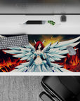 36x16 inches anime desk pad in molten reds and smoky golds, bold blaze-lit sky and high-contrast pop.