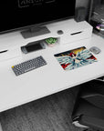 Winged anime girl with crimson hair and wide angel wings over a blaze-lit sky mouse pad 14x10 inches.