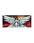 28x12 inches anime girl mouse pad with winged warrior, white armor dress, crimson hair, blazing sky.