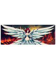 32x12 inches anime girl mouse pad with winged warrior in white armor dress and blue gem, fiery sky.