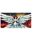 32x16 inches anime girl mouse pad with winged warrior in white armor dress and blue gem, wide angel wings.