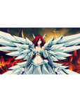Winged anime girl desk pad, icy white armor dress with blue gem, blaze-lit sky, 40x20 inches.