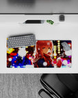 28x12 inches anime girl mouse pad in gold, blue, and candy-red bokeh with cozy cocoa winter vibes.