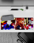 32x12 inches anime girl mouse pad in warm cocoa mood, gold-blue-red bokeh glow, soft snowflake accents.