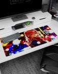 Red-haired anime girl desk pad 36x16 inches with amber eyes, scarf, and warm cocoa winter vibe.