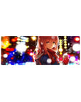 32x12 inches anime girl mouse pad with red-haired girl, scarf, snowy city bokeh lights, extended desk mat.
