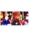 32x16 inches anime girl mouse pad with red-haired girl, scarf, snowy city bokeh lights background.