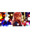 Anime girl desk pad 36x16 inches with snowy city lights, bokeh glow, and winter scarf scene.