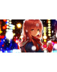 Anime girl desk pad 40x20 inches with winter city bokeh lights, snowflakes, and cozy scarf design.