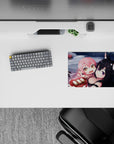 Cozy chaos anime girl mouse pad 14x10 inches in cool gray water tones with blush pops and snow specks.