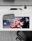 Cozy chaos anime girl mouse pad 28x12 inches in cool gray water, blush accents, and soft snow specks.